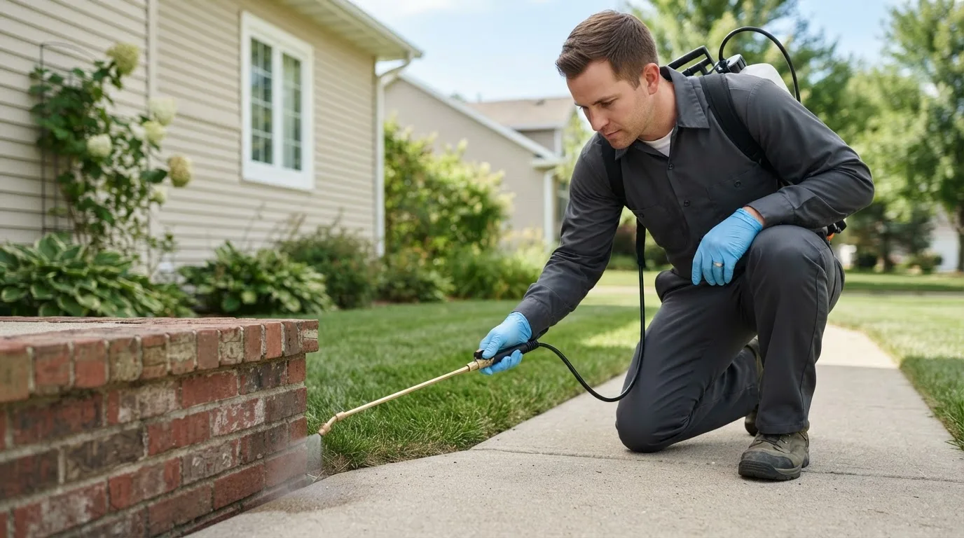 Pest control technician treating a home near Tishomingo, OK