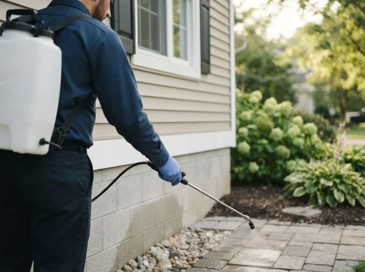 Pest control technician inspecting a home in Tishomingo, OK